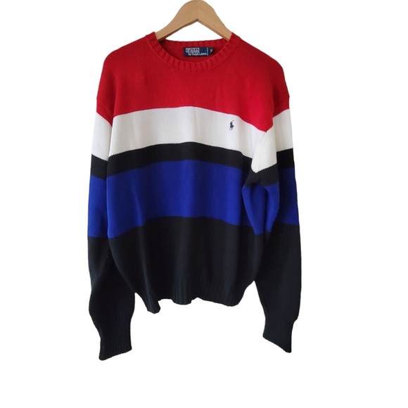 Polo Ralph Lauren Red White Blue Striped Crew Neck Knit Sweater Cotton Color Blk - Picture 2 of 7